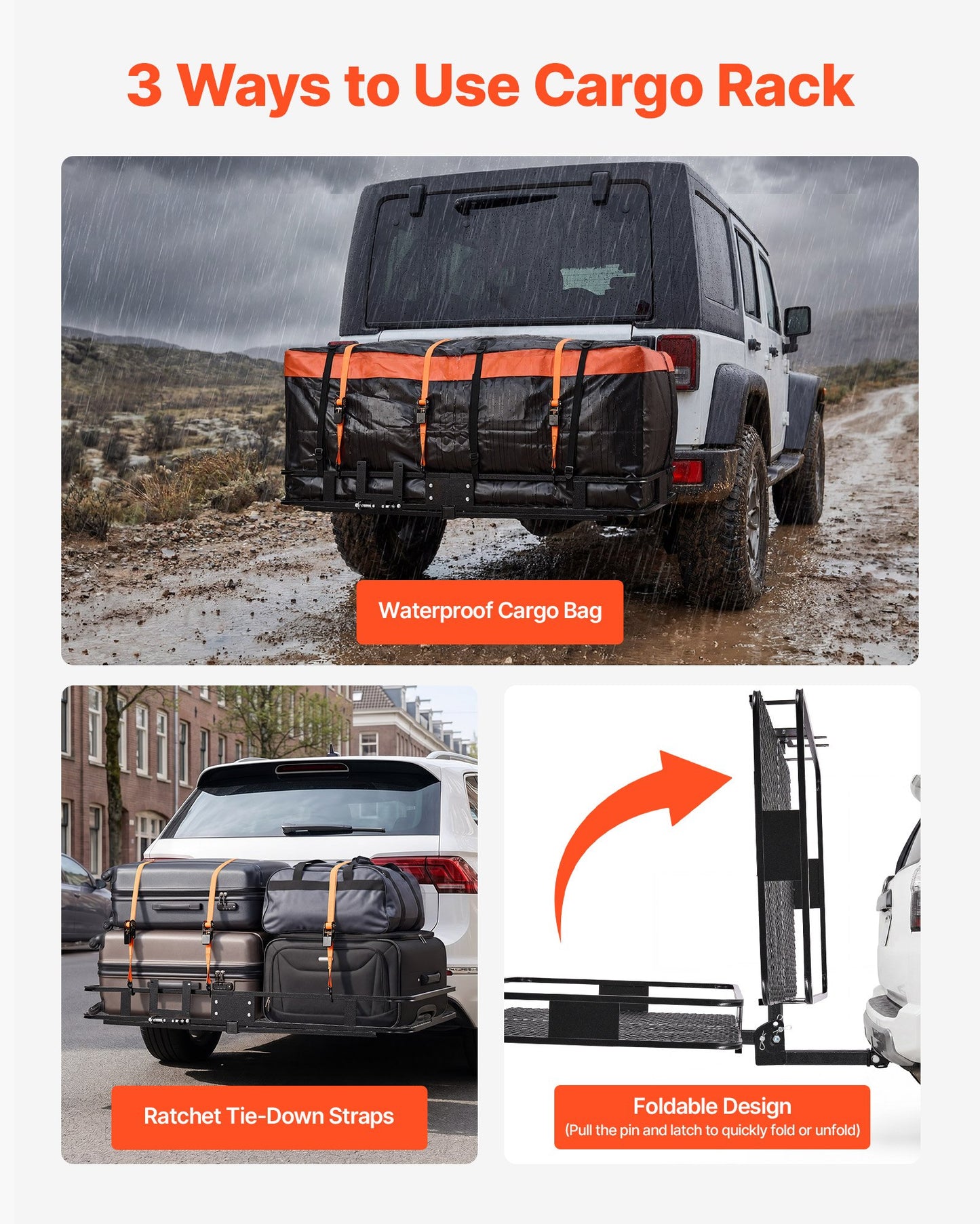Hitch Mount Cargo Carrier, 1460 x 860 x 650 mm Folding Rear Luggage Rack Basket with Waterproof Cargo Bag, 227kg Capacity High-Strength Steel Hitch Cargo Carrier Fits 2" Receiver for SUV Pickups