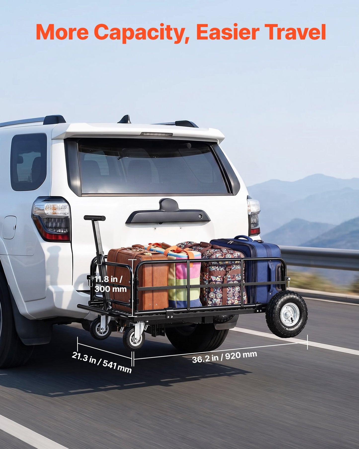 Hitch Mount Cargo Carrier on Wheels, 920 x 541 x 300 mm, 2-in-1 Folding Rear Luggage Rack Basket & Cargo Cart with Hitch Stabilizer, Fits 2" Receiver for SUV Pickups, 181KG Load Capacity
