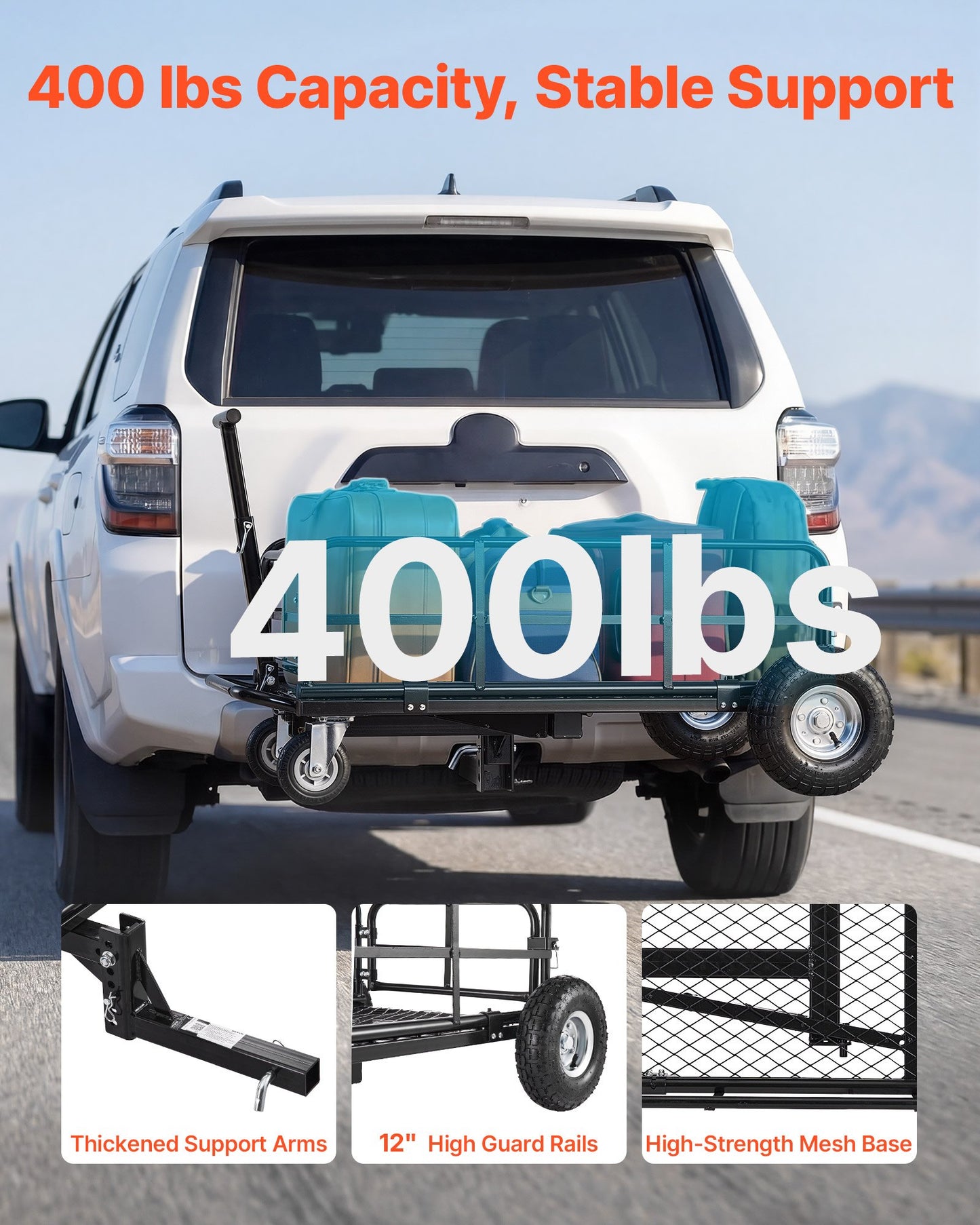 Hitch Mount Cargo Carrier on Wheels, 920 x 541 x 300 mm, 2-in-1 Folding Rear Luggage Rack Basket & Cargo Cart with Hitch Stabilizer, Fits 2" Receiver for SUV Pickups, 181KG Load Capacity
