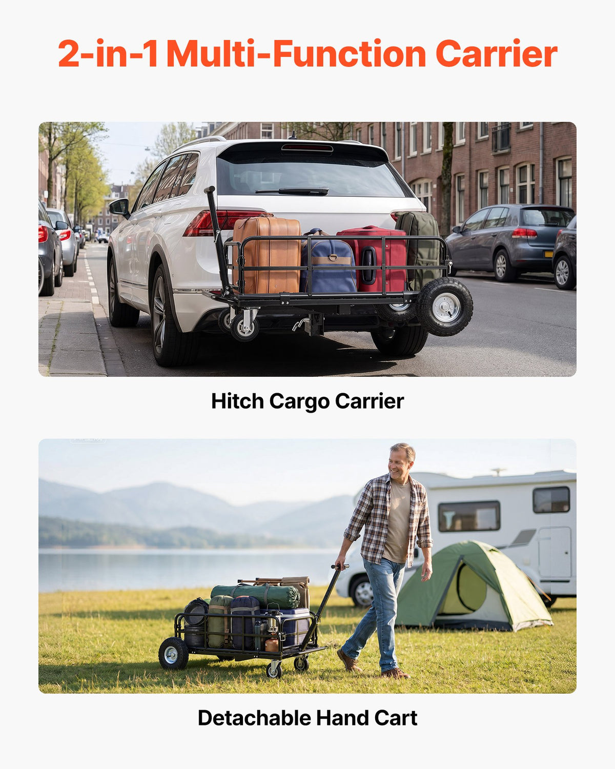 Hitch Mount Cargo Carrier on Wheels, 920 x 541 x 300 mm, 2-in-1 Folding Rear Luggage Rack Basket & Cargo Cart with Hitch Stabilizer, Fits 2" Receiver for SUV Pickups, 181KG Load Capacity