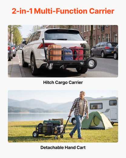 Hitch Mount Cargo Carrier on Wheels, 920 x 541 x 300 mm, 2-in-1 Folding Rear Luggage Rack Basket & Cargo Cart with Hitch Stabilizer, Fits 2" Receiver for SUV Pickups, 181KG Load Capacity