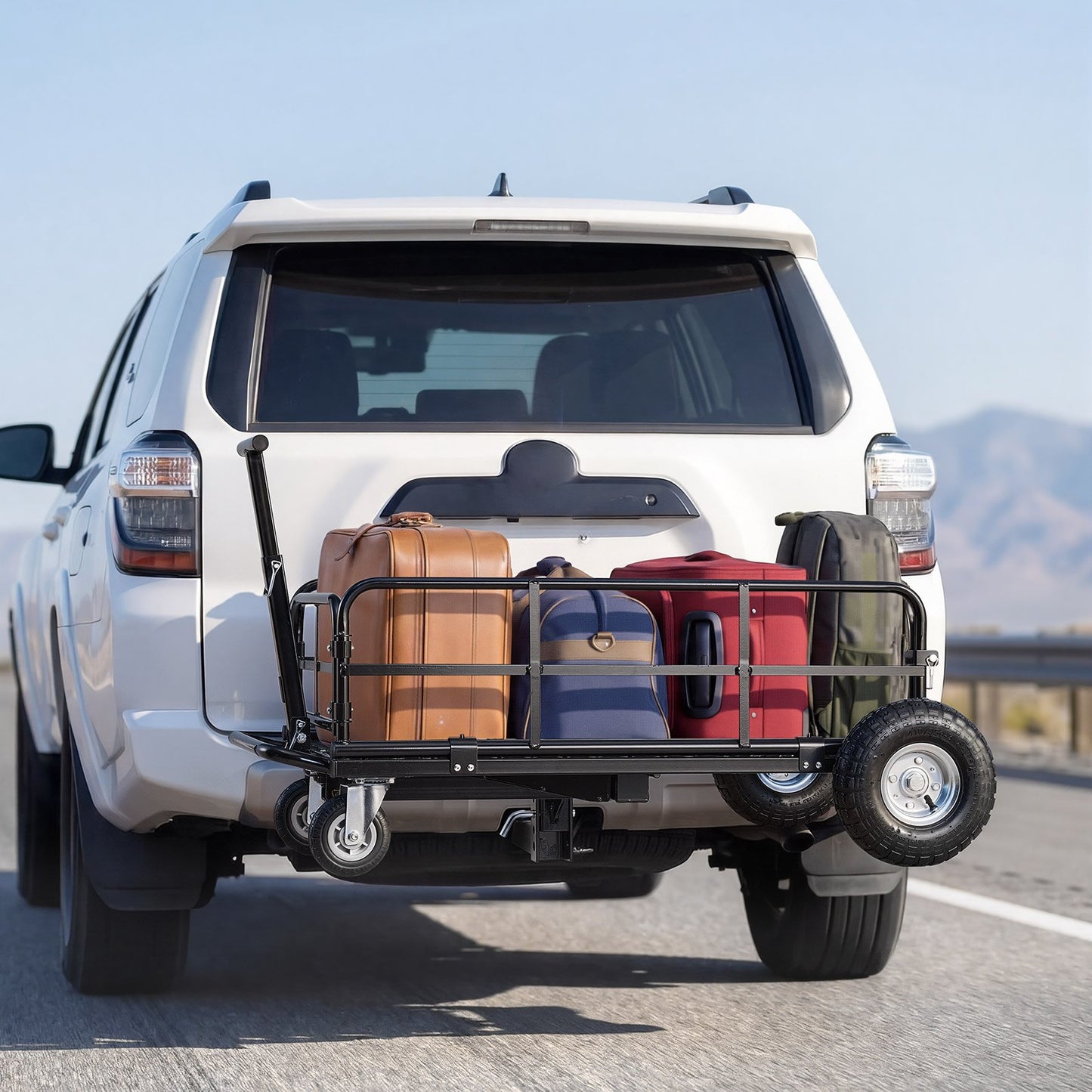 Hitch Mount Cargo Carrier on Wheels, 920 x 541 x 300 mm, 2-in-1 Folding Rear Luggage Rack Basket & Cargo Cart with Hitch Stabilizer, Fits 2" Receiver for SUV Pickups, 181KG Load Capacity
