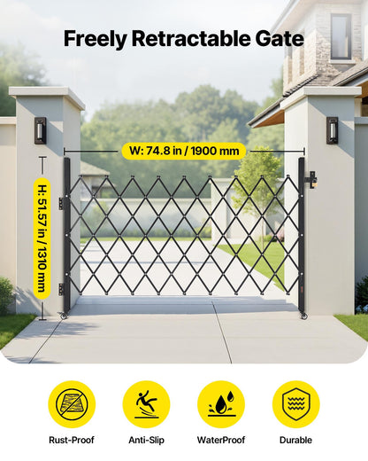 Single Folding Security Gate, Lockable Scissor Gate with 360° Swivel Casters, Outdoor Barricade Steel Retractable Gates, for Entry Security, Garage, Warehouse & Pool, 1900 x 1310 mm (W x H)