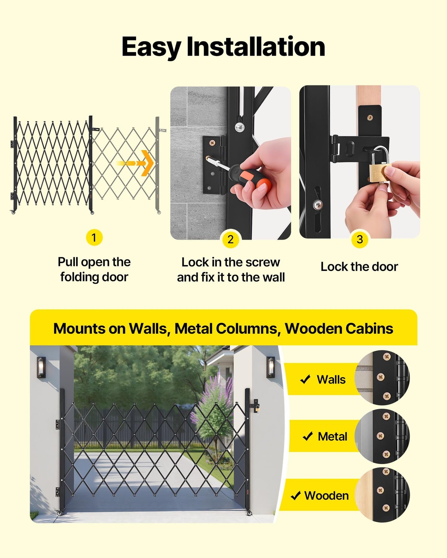 Single Folding Security Gate, Lockable Scissor Gate with 360° Swivel Casters, Outdoor Barricade Steel Retractable Gates, for Entry Security, Garage, Warehouse & Pool, 1900 x 1310 mm (W x H)