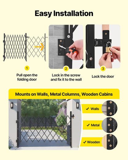 Single Folding Security Gate, Lockable Scissor Gate with 360° Swivel Casters, Outdoor Barricade Steel Retractable Gates, for Entry Security, Garage, Warehouse & Pool, 1900 x 1310 mm (W x H)