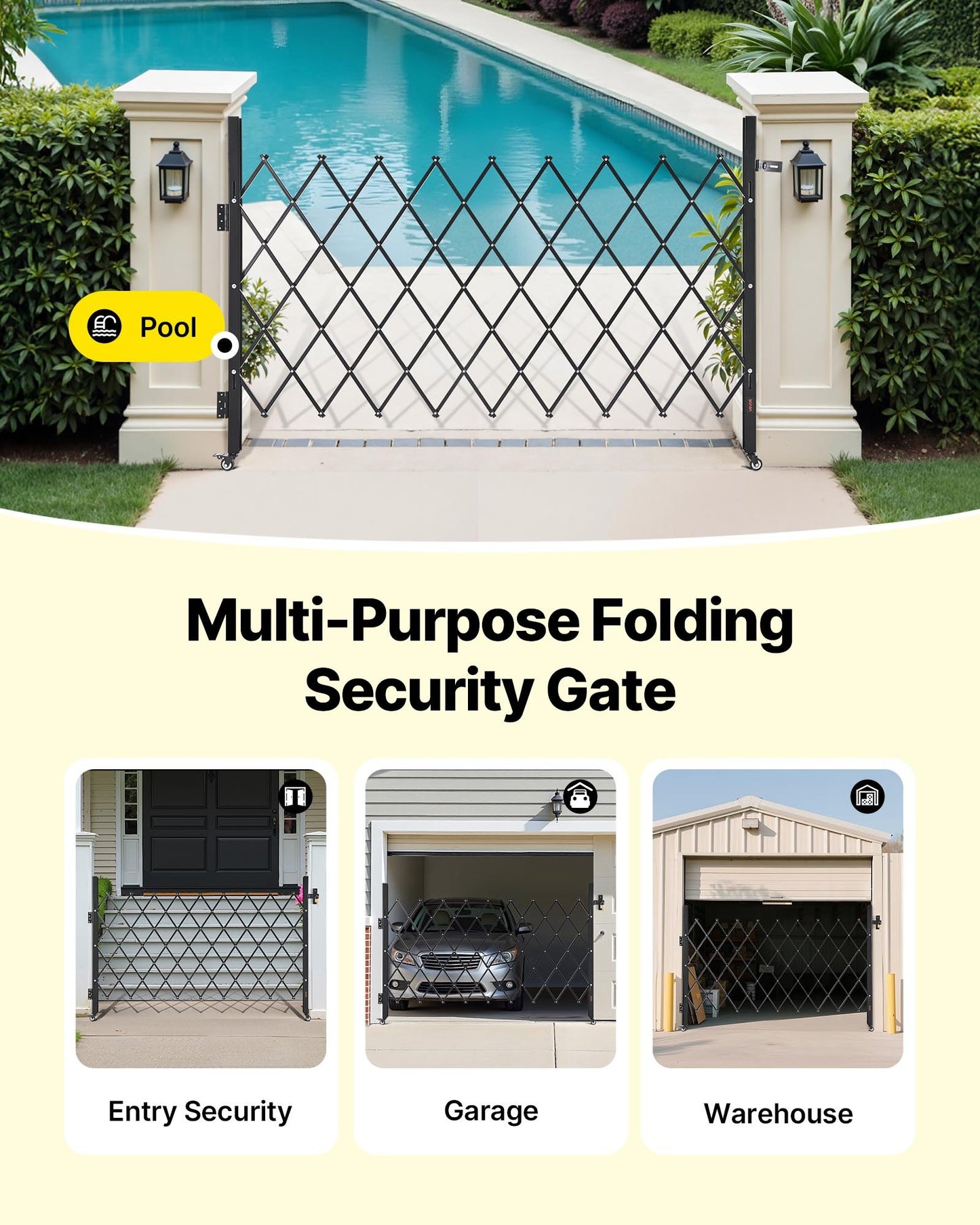 Single Folding Security Gate, Lockable Scissor Gate with 360° Swivel Casters, Outdoor Barricade Steel Retractable Gates, for Entry Security, Garage, Warehouse & Pool, 1900 x 1310 mm (W x H)