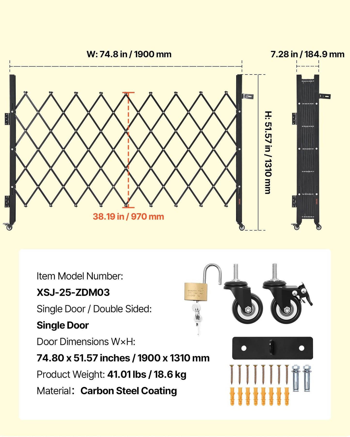 Single Folding Security Gate, Lockable Scissor Gate with 360° Swivel Casters, Outdoor Barricade Steel Retractable Gates, for Entry Security, Garage, Warehouse & Pool, 1900 x 1310 mm (W x H)