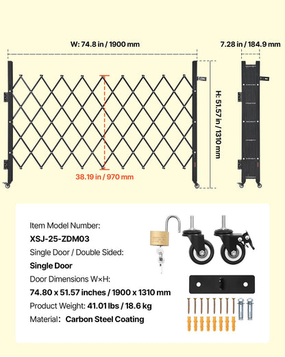 Single Folding Security Gate, Lockable Scissor Gate with 360° Swivel Casters, Outdoor Barricade Steel Retractable Gates, for Entry Security, Garage, Warehouse & Pool, 1900 x 1310 mm (W x H)
