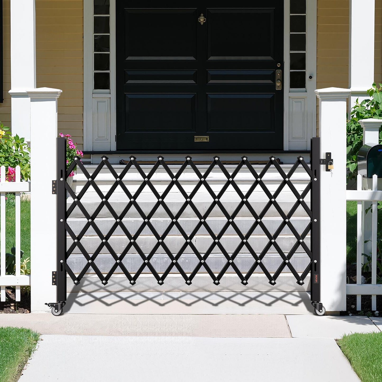 Single Folding Security Gate, Lockable Scissor Gate with 360° Swivel Casters, Outdoor Barricade Steel Retractable Gates, for Entry Security, Garage, Warehouse & Pool, 1900 x 1310 mm (W x H)