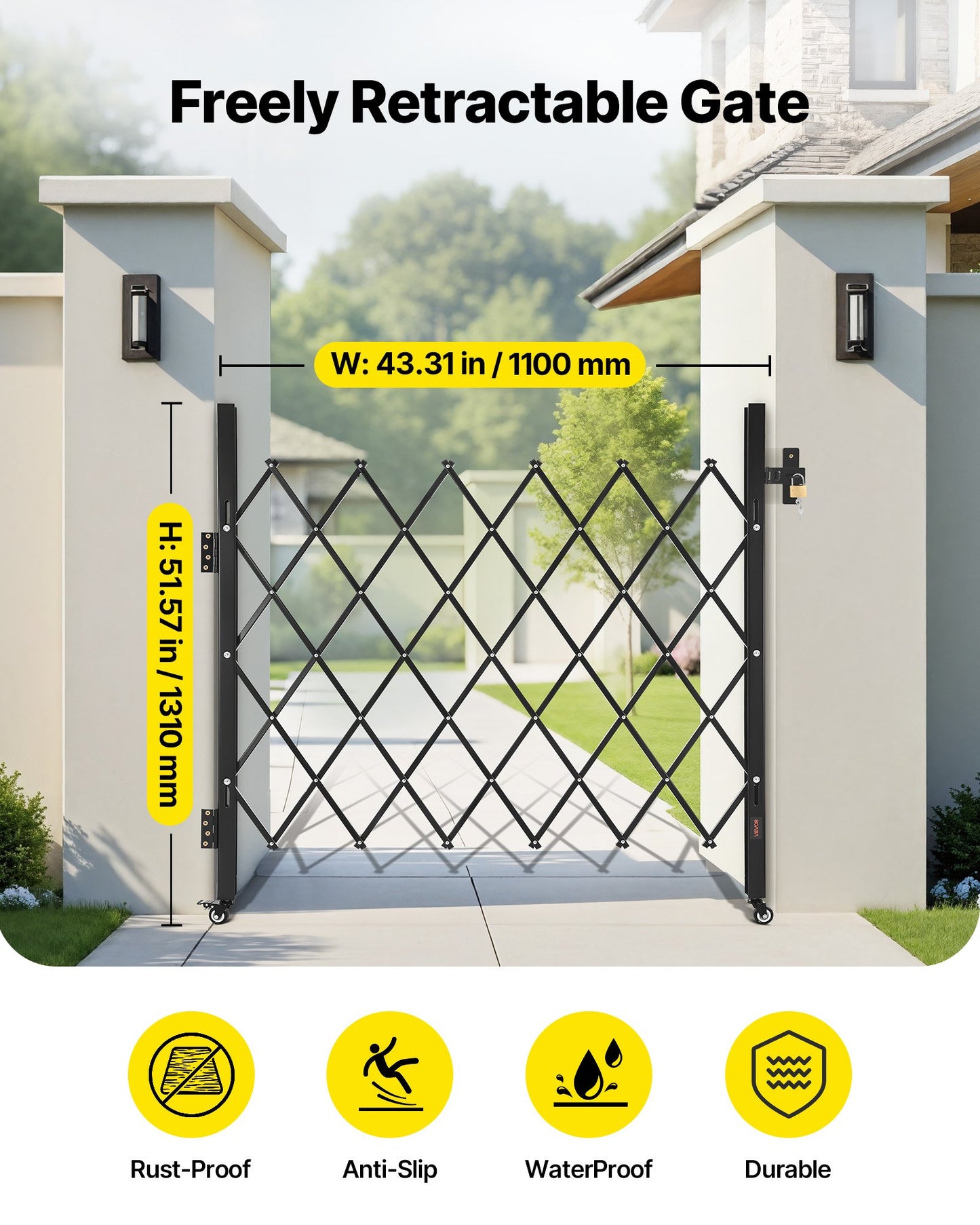 Single Folding Security Gate, Lockable Scissor Gate with 360° Swivel Casters, Outdoor Barricade Steel Retractable Gates, for Entry Security, Garage, Warehouse & Pool, 1100 x 1310 mm (W x H)