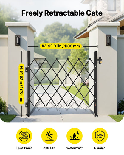 Single Folding Security Gate, Lockable Scissor Gate with 360° Swivel Casters, Outdoor Barricade Steel Retractable Gates, for Entry Security, Garage, Warehouse & Pool, 1100 x 1310 mm (W x H)