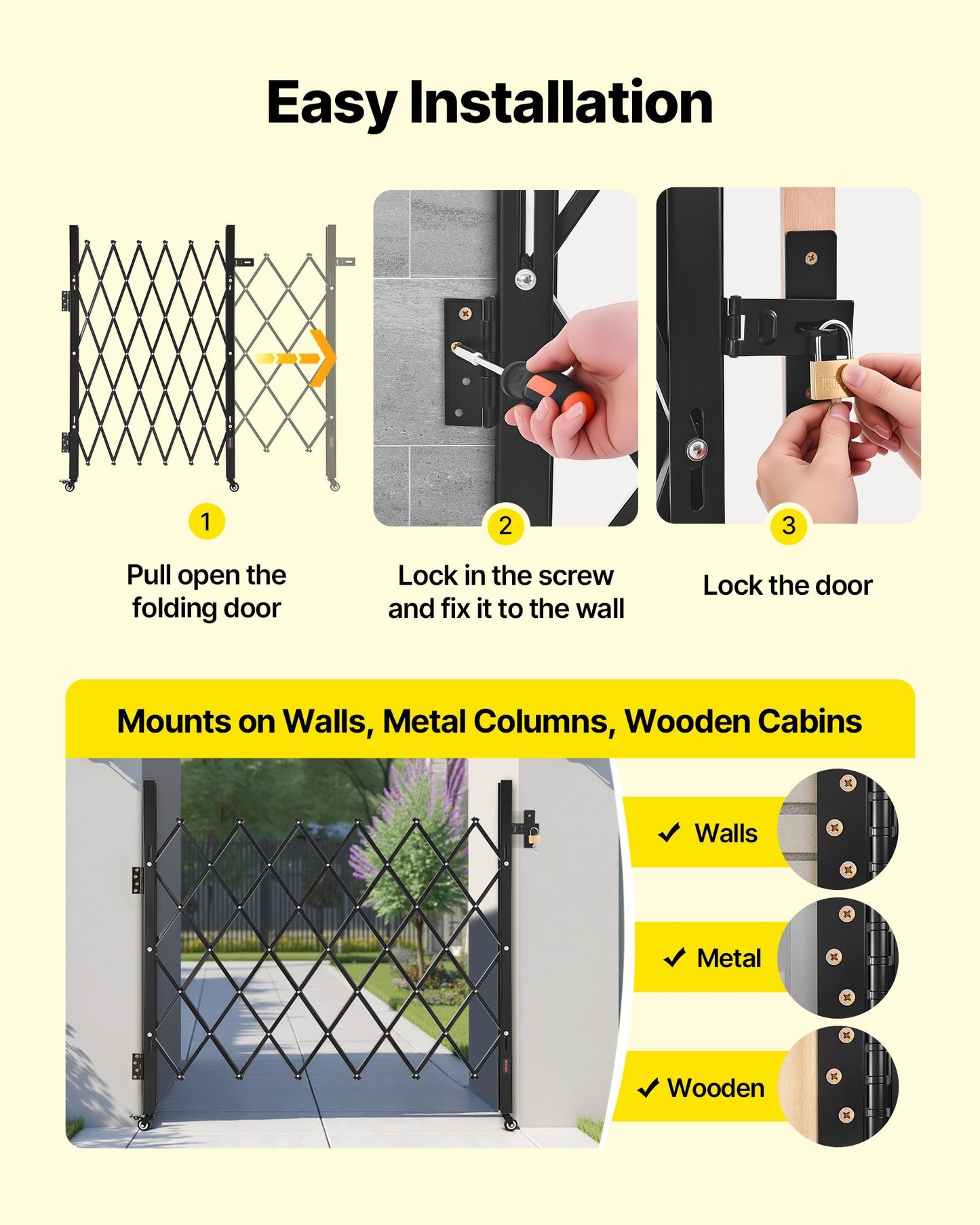 Single Folding Security Gate, Lockable Scissor Gate with 360° Swivel Casters, Outdoor Barricade Steel Retractable Gates, for Entry Security, Garage, Warehouse & Pool, 1100 x 1310 mm (W x H)