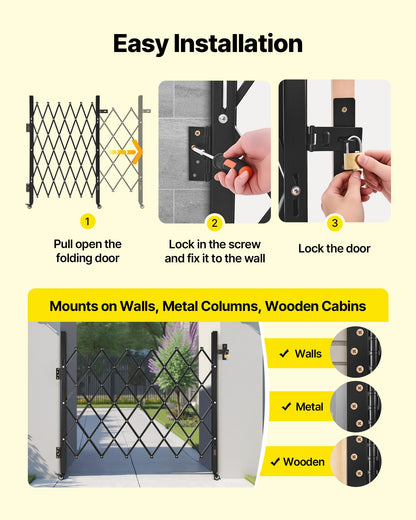 Single Folding Security Gate, Lockable Scissor Gate with 360° Swivel Casters, Outdoor Barricade Steel Retractable Gates, for Entry Security, Garage, Warehouse & Pool, 1100 x 1310 mm (W x H)