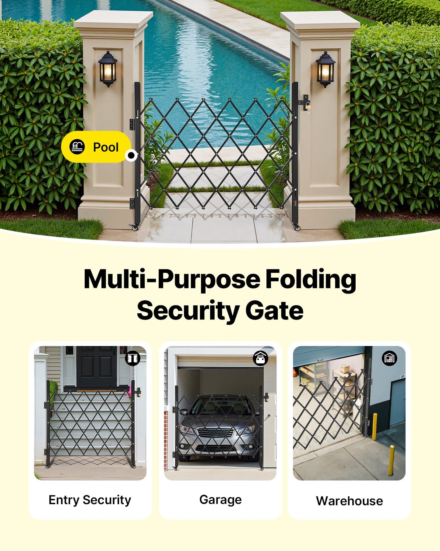 Single Folding Security Gate, Lockable Scissor Gate with 360° Swivel Casters, Outdoor Barricade Steel Retractable Gates, for Entry Security, Garage, Warehouse & Pool, 1100 x 1310 mm (W x H)