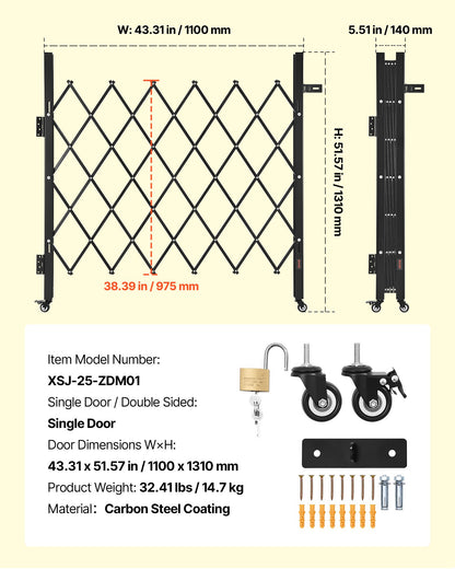 Single Folding Security Gate, Lockable Scissor Gate with 360° Swivel Casters, Outdoor Barricade Steel Retractable Gates, for Entry Security, Garage, Warehouse & Pool, 1100 x 1310 mm (W x H)