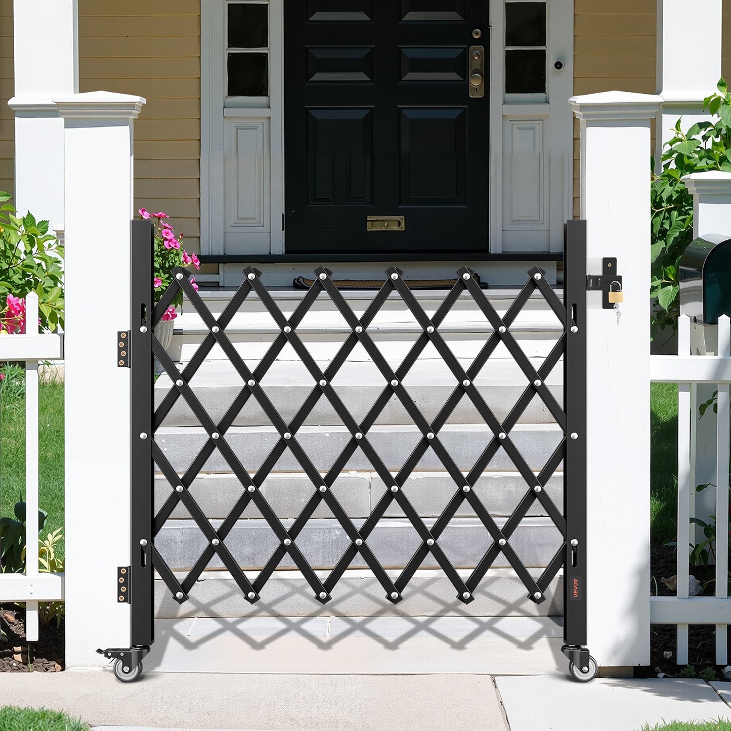 Single Folding Security Gate, Lockable Scissor Gate with 360° Swivel Casters, Outdoor Barricade Steel Retractable Gates, for Entry Security, Garage, Warehouse & Pool, 1100 x 1310 mm (W x H)