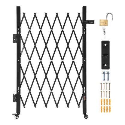 Single Folding Security Gate, Lockable Scissor Gate with 360° Swivel Casters, Outdoor Barricade Steel Retractable Gates, for Entry Security, Garage, Warehouse & Pool, 1100 x 1310 mm (W x H)
