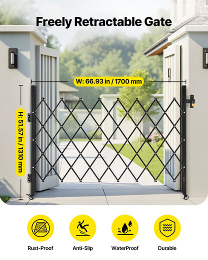 Single Folding Security Gate, Lockable Scissor Gate with 360° Swivel Casters, Outdoor Barricade Steel Retractable Gates, for Entry Security, Garage, Warehouse & Pool, 1700 x 1310 mm (W x H)