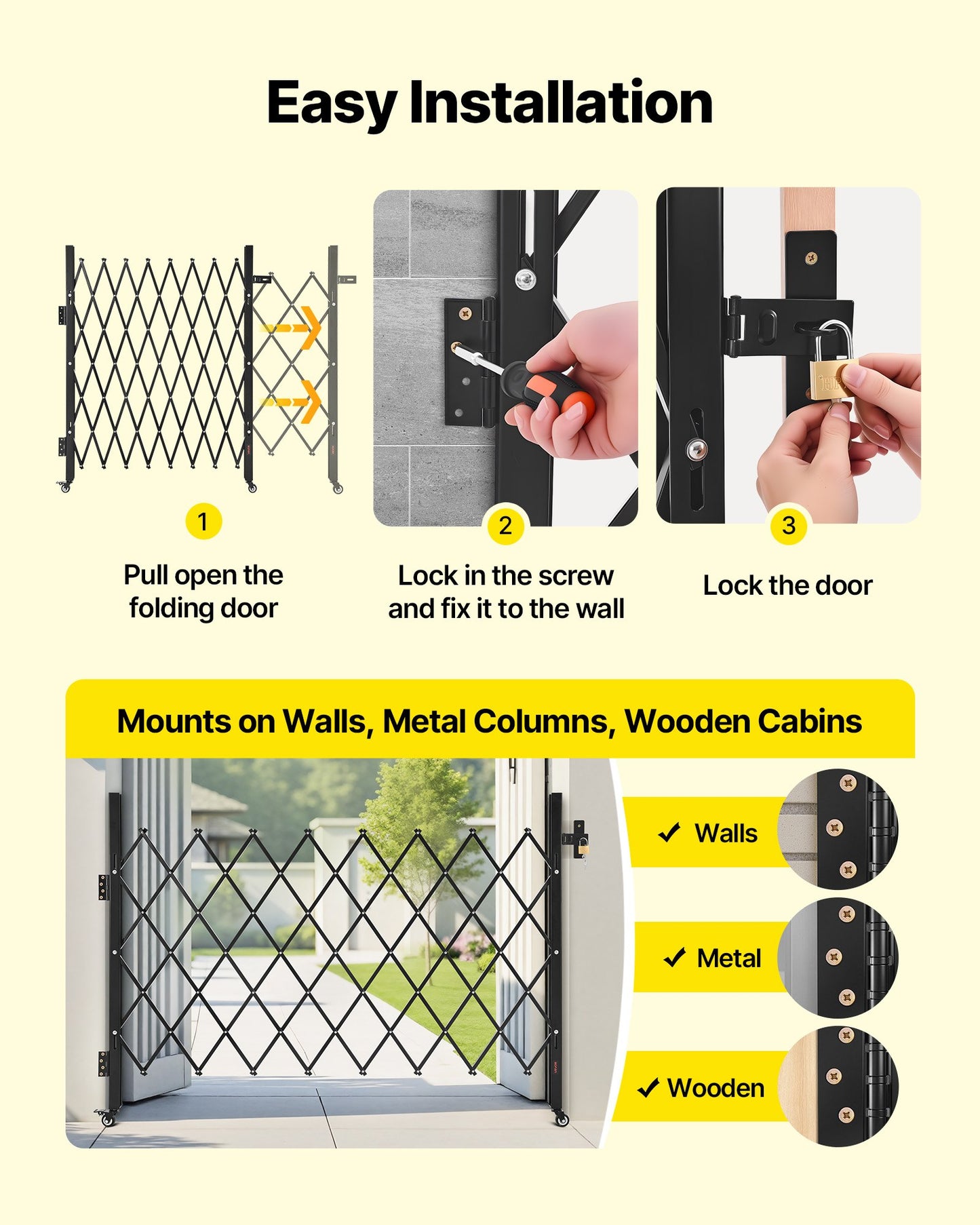 Single Folding Security Gate, Lockable Scissor Gate with 360° Swivel Casters, Outdoor Barricade Steel Retractable Gates, for Entry Security, Garage, Warehouse & Pool, 1700 x 1310 mm (W x H)