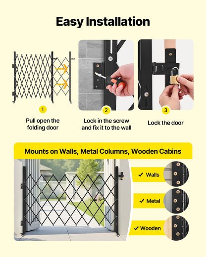 Single Folding Security Gate, Lockable Scissor Gate with 360° Swivel Casters, Outdoor Barricade Steel Retractable Gates, for Entry Security, Garage, Warehouse & Pool, 1700 x 1310 mm (W x H)