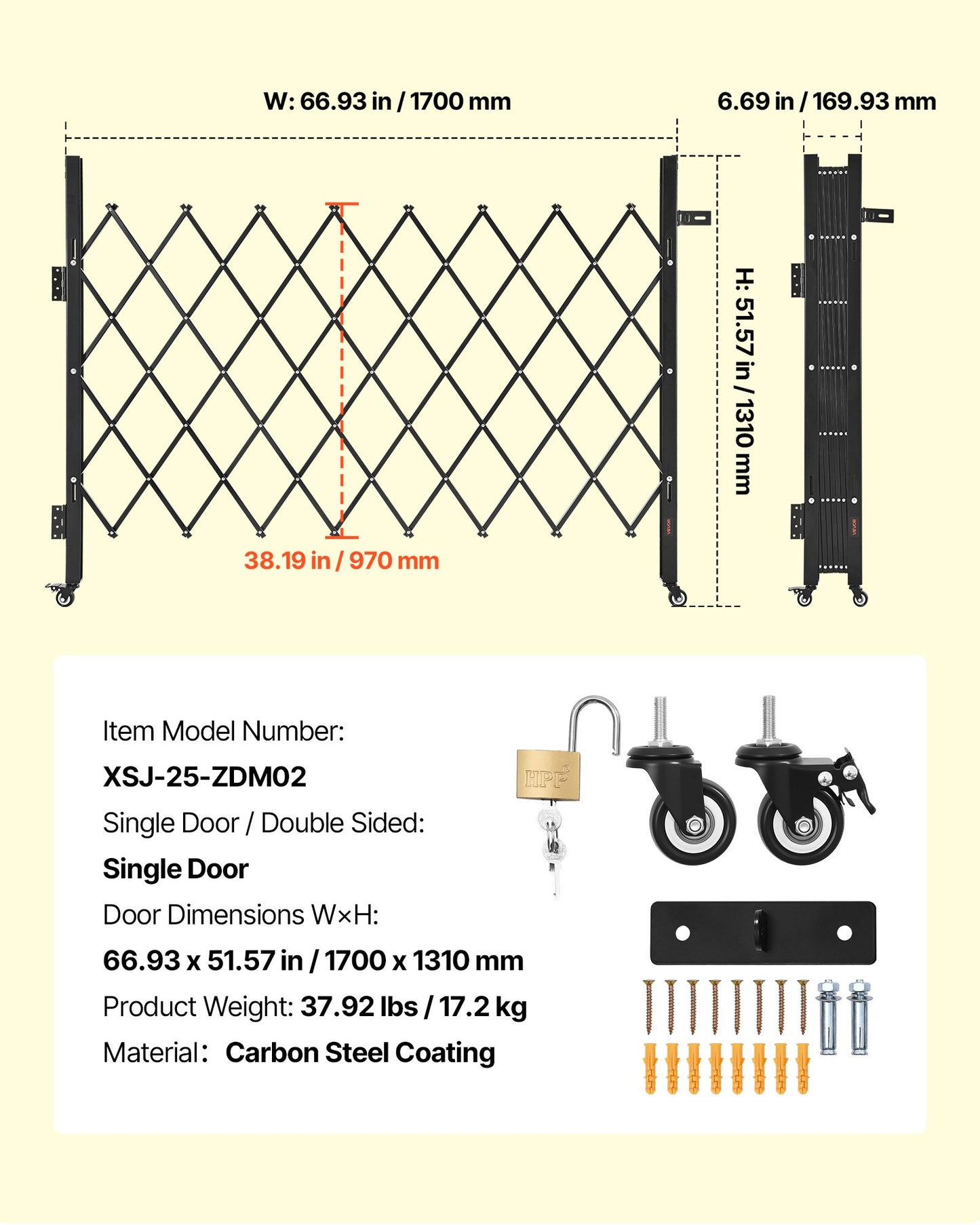 Single Folding Security Gate, Lockable Scissor Gate with 360° Swivel Casters, Outdoor Barricade Steel Retractable Gates, for Entry Security, Garage, Warehouse & Pool, 1700 x 1310 mm (W x H)