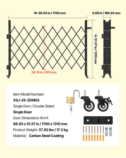 Single Folding Security Gate, Lockable Scissor Gate with 360° Swivel Casters, Outdoor Barricade Steel Retractable Gates, for Entry Security, Garage, Warehouse & Pool, 1700 x 1310 mm (W x H)