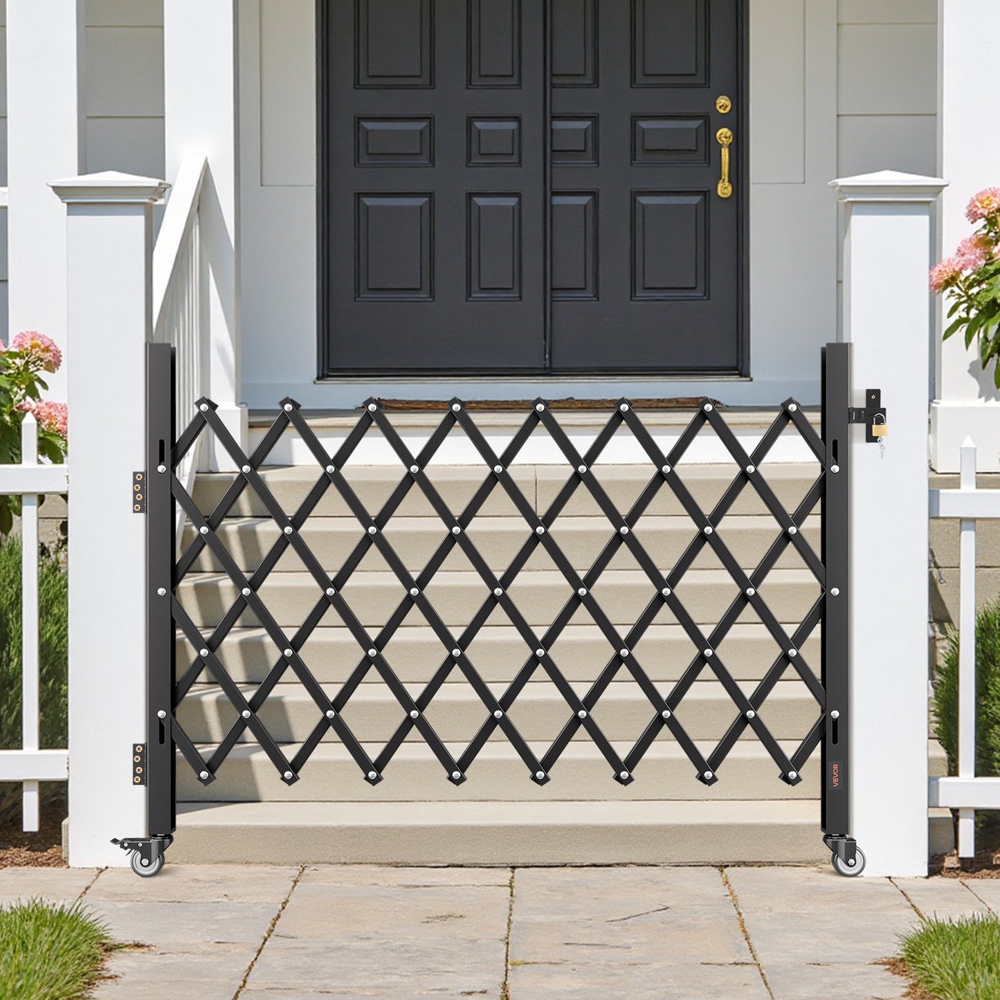 Single Folding Security Gate, Lockable Scissor Gate with 360° Swivel Casters, Outdoor Barricade Steel Retractable Gates, for Entry Security, Garage, Warehouse & Pool, 1700 x 1310 mm (W x H)