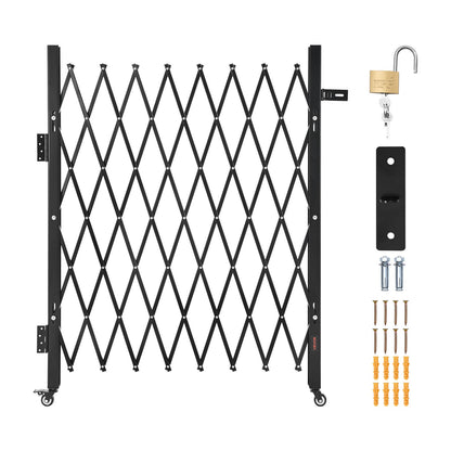 Single Folding Security Gate, Lockable Scissor Gate with 360° Swivel Casters, Outdoor Barricade Steel Retractable Gates, for Entry Security, Garage, Warehouse & Pool, 1700 x 1310 mm (W x H)