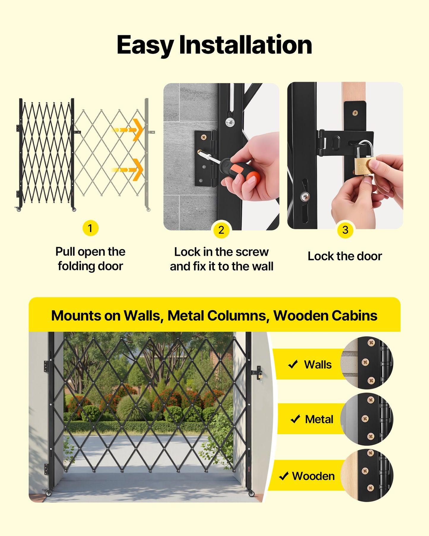 Single Folding Security Gate, Lockable Scissor Gate with 360° Swivel Casters, Outdoor Barricade Steel Retractable Gates, for Entry Security, Garage, Warehouse & Pool, 1800 x 1610 mm (W x H)