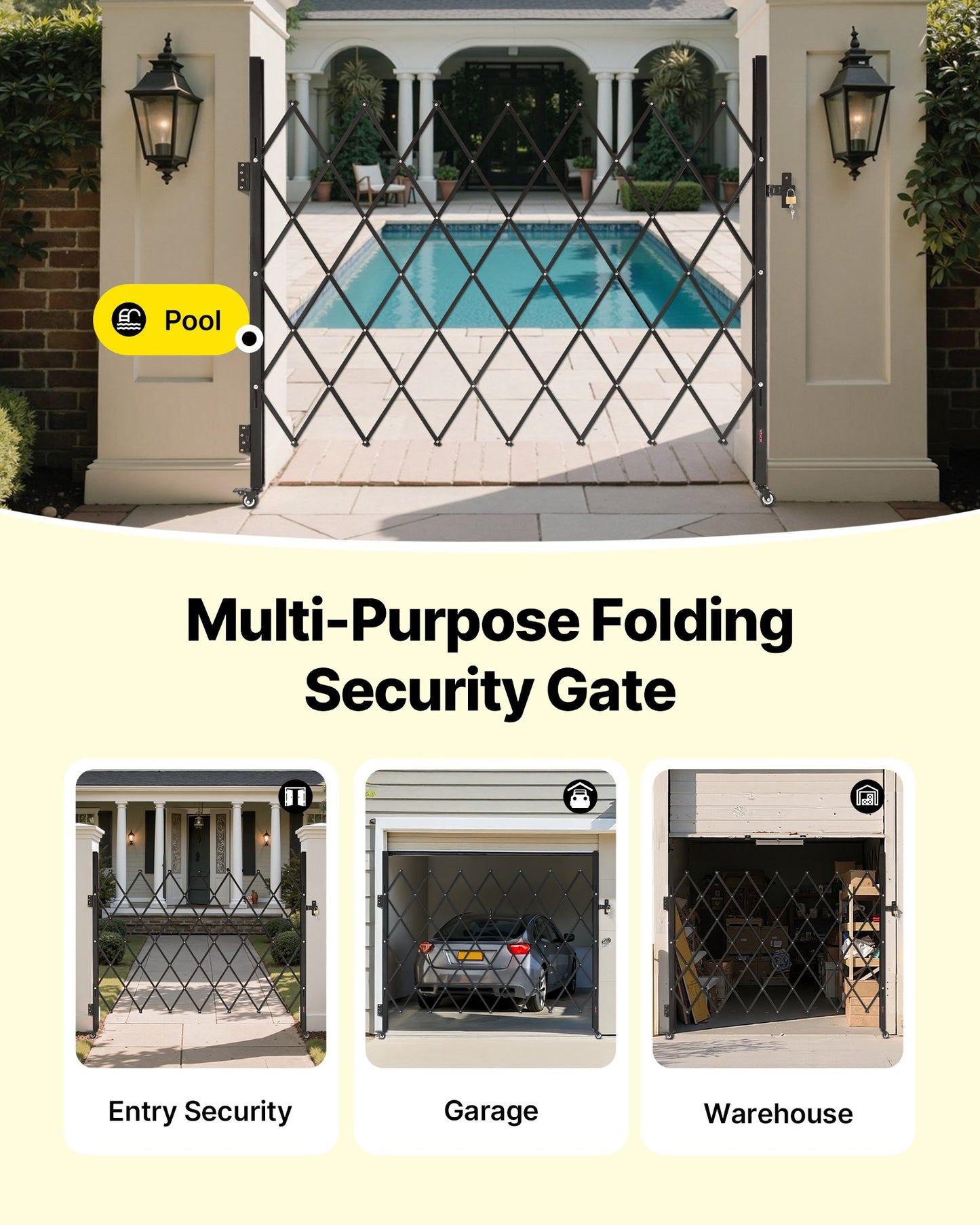 Single Folding Security Gate, Lockable Scissor Gate with 360° Swivel Casters, Outdoor Barricade Steel Retractable Gates, for Entry Security, Garage, Warehouse & Pool, 1800 x 1610 mm (W x H)