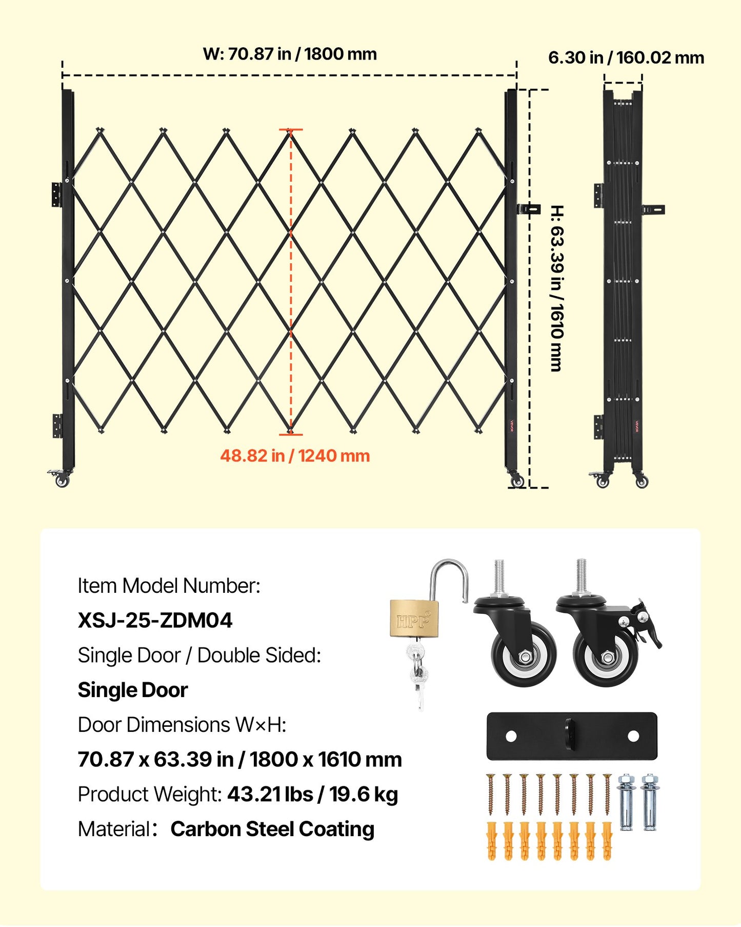 Single Folding Security Gate, Lockable Scissor Gate with 360° Swivel Casters, Outdoor Barricade Steel Retractable Gates, for Entry Security, Garage, Warehouse & Pool, 1800 x 1610 mm (W x H)