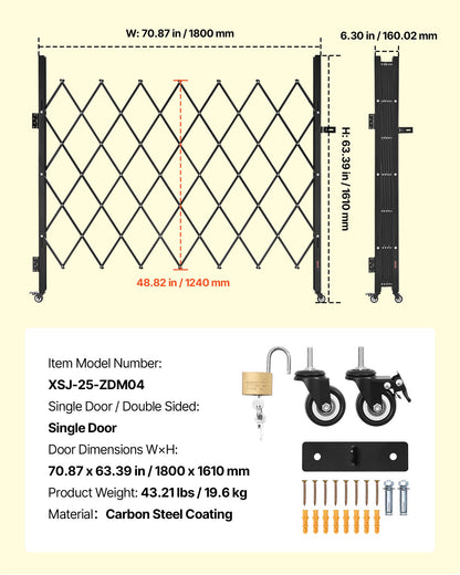 Single Folding Security Gate, Lockable Scissor Gate with 360° Swivel Casters, Outdoor Barricade Steel Retractable Gates, for Entry Security, Garage, Warehouse & Pool, 1800 x 1610 mm (W x H)