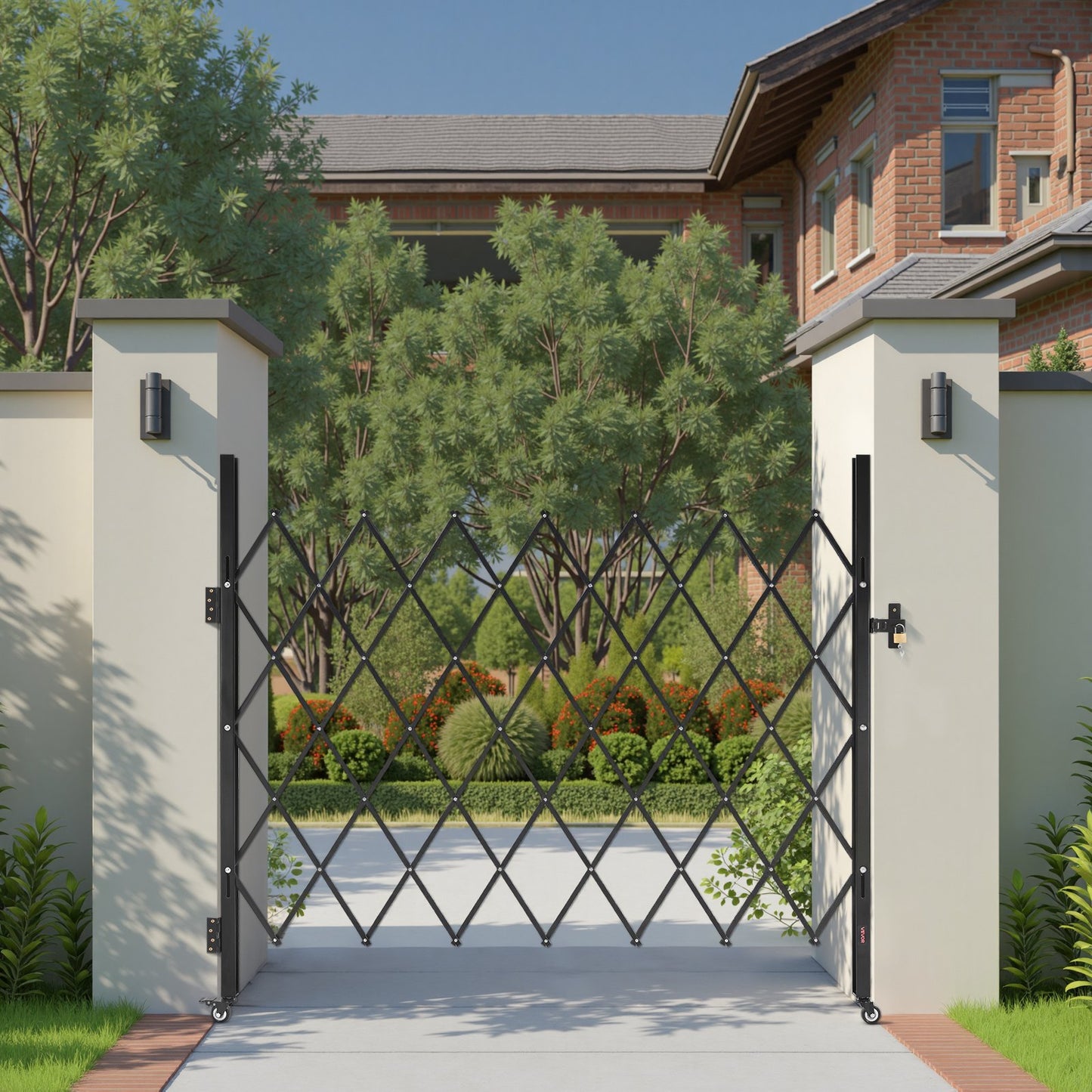 Single Folding Security Gate, Lockable Scissor Gate with 360° Swivel Casters, Outdoor Barricade Steel Retractable Gates, for Entry Security, Garage, Warehouse & Pool, 1800 x 1610 mm (W x H)