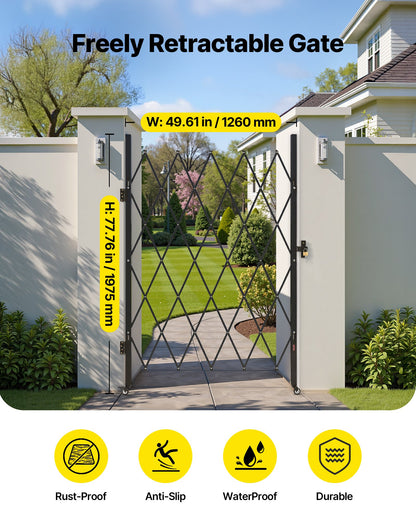 Single Folding Security Gate, Lockable Scissor Gate with 360° Swivel Casters, Outdoor Barricade Steel Retractable Gates, for Entry Security, Garage, Warehouse & Pool, 1260 x 1975 mm (W x H)