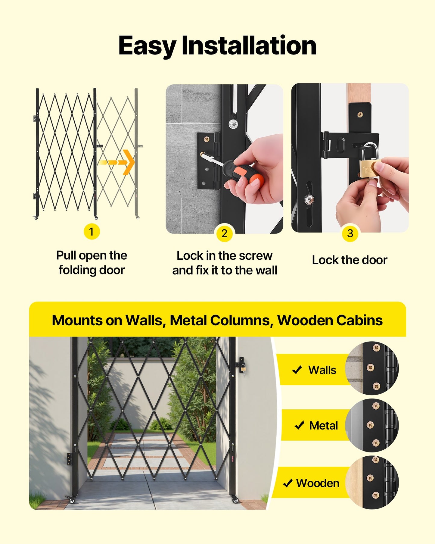 Single Folding Security Gate, Lockable Scissor Gate with 360° Swivel Casters, Outdoor Barricade Steel Retractable Gates, for Entry Security, Garage, Warehouse & Pool, 1260 x 1975 mm (W x H)