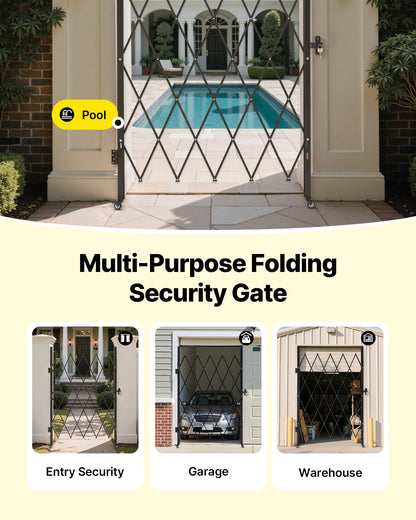 Single Folding Security Gate, Lockable Scissor Gate with 360° Swivel Casters, Outdoor Barricade Steel Retractable Gates, for Entry Security, Garage, Warehouse & Pool, 1260 x 1975 mm (W x H)