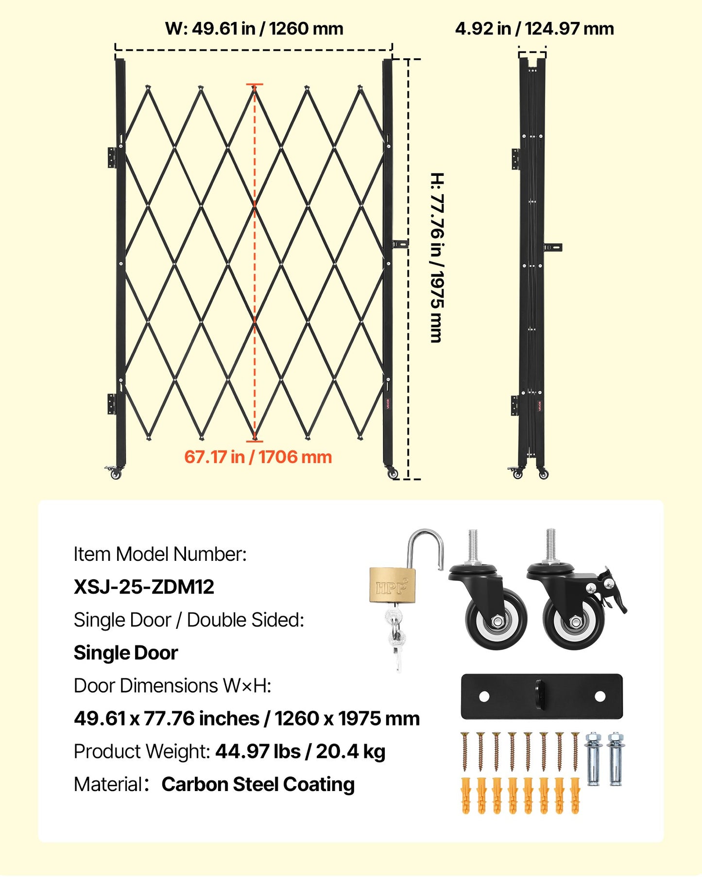 Single Folding Security Gate, Lockable Scissor Gate with 360° Swivel Casters, Outdoor Barricade Steel Retractable Gates, for Entry Security, Garage, Warehouse & Pool, 1260 x 1975 mm (W x H)