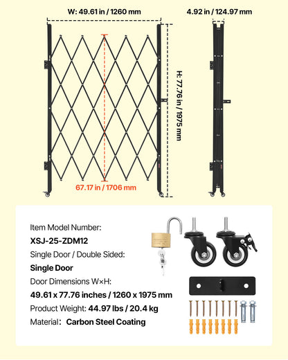 Single Folding Security Gate, Lockable Scissor Gate with 360° Swivel Casters, Outdoor Barricade Steel Retractable Gates, for Entry Security, Garage, Warehouse & Pool, 1260 x 1975 mm (W x H)