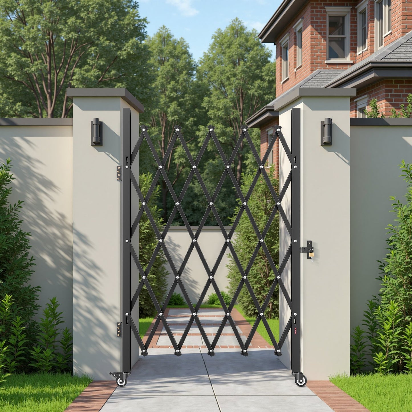 Single Folding Security Gate, Lockable Scissor Gate with 360° Swivel Casters, Outdoor Barricade Steel Retractable Gates, for Entry Security, Garage, Warehouse & Pool, 1260 x 1975 mm (W x H)