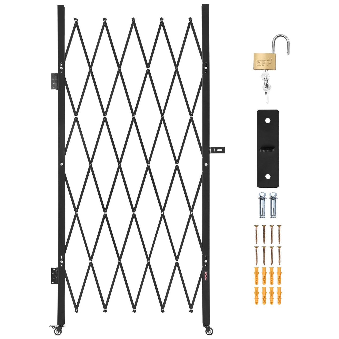 Single Folding Security Gate, Lockable Scissor Gate with 360° Swivel Casters, Outdoor Barricade Steel Retractable Gates, for Entry Security, Garage, Warehouse & Pool, 1260 x 1975 mm (W x H)