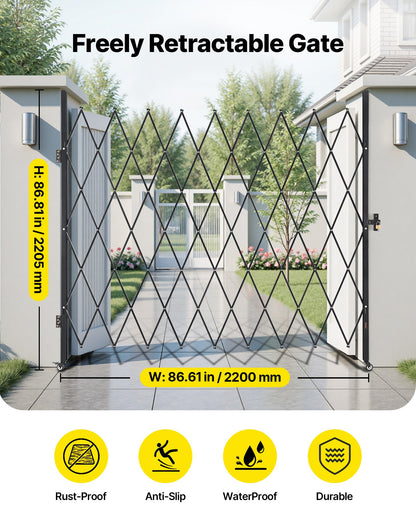 Single Folding Security Gate, Lockable Scissor Gate with 360° Swivel Casters, Outdoor Barricade Steel Retractable Gates, for Entry Security, Garage, Warehouse & Pool, 2200 x 2205 mm (W x H)