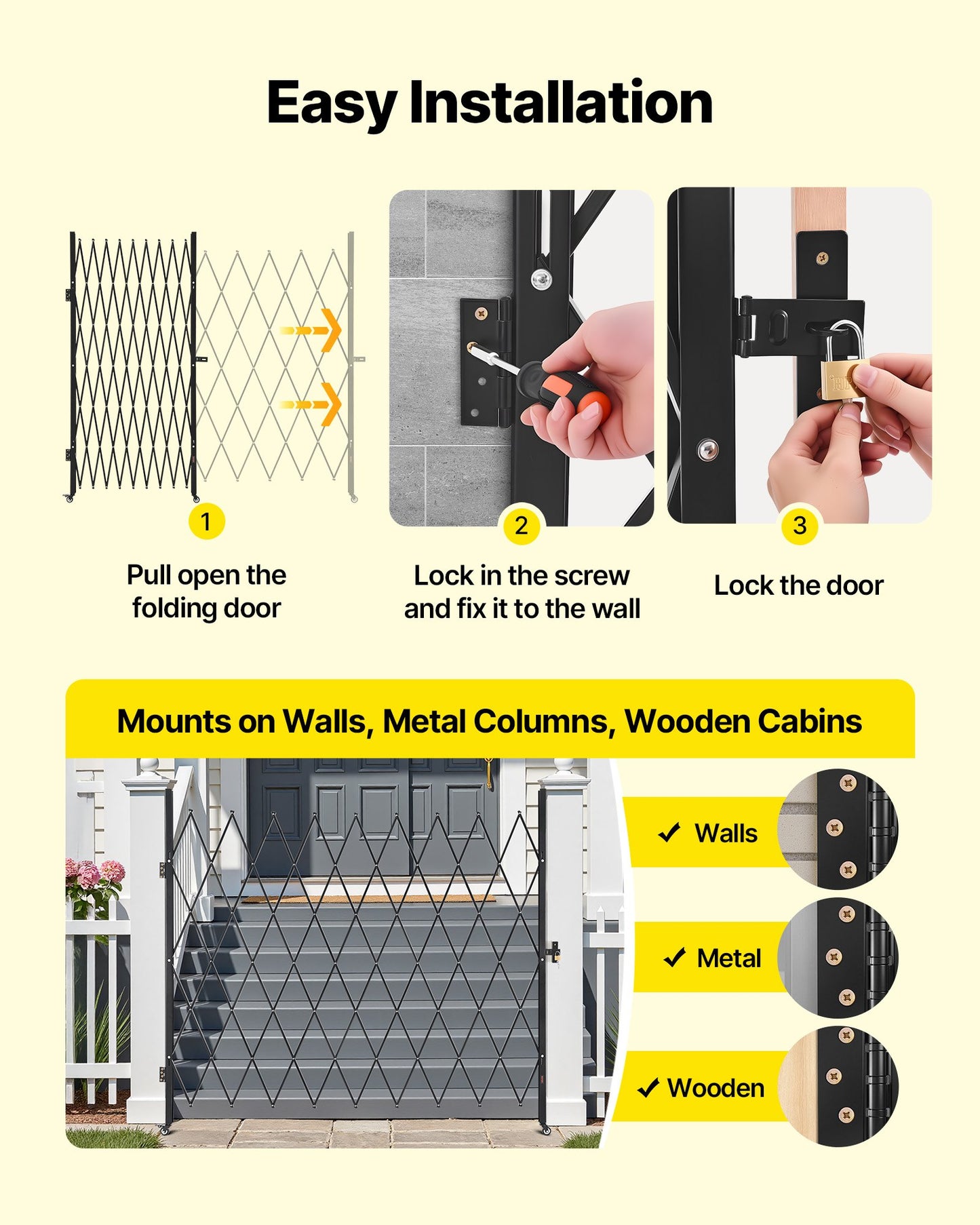 Single Folding Security Gate, Lockable Scissor Gate with 360° Swivel Casters, Outdoor Barricade Steel Retractable Gates, for Entry Security, Garage, Warehouse & Pool, 2200 x 2205 mm (W x H)