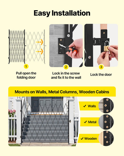 Single Folding Security Gate, Lockable Scissor Gate with 360° Swivel Casters, Outdoor Barricade Steel Retractable Gates, for Entry Security, Garage, Warehouse & Pool, 2200 x 2205 mm (W x H)