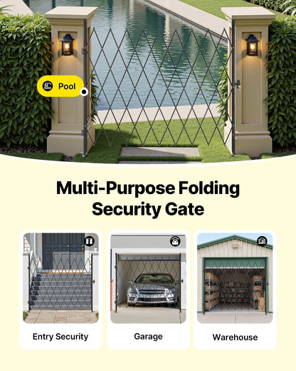 Single Folding Security Gate, Lockable Scissor Gate with 360° Swivel Casters, Outdoor Barricade Steel Retractable Gates, for Entry Security, Garage, Warehouse & Pool, 2200 x 2205 mm (W x H)