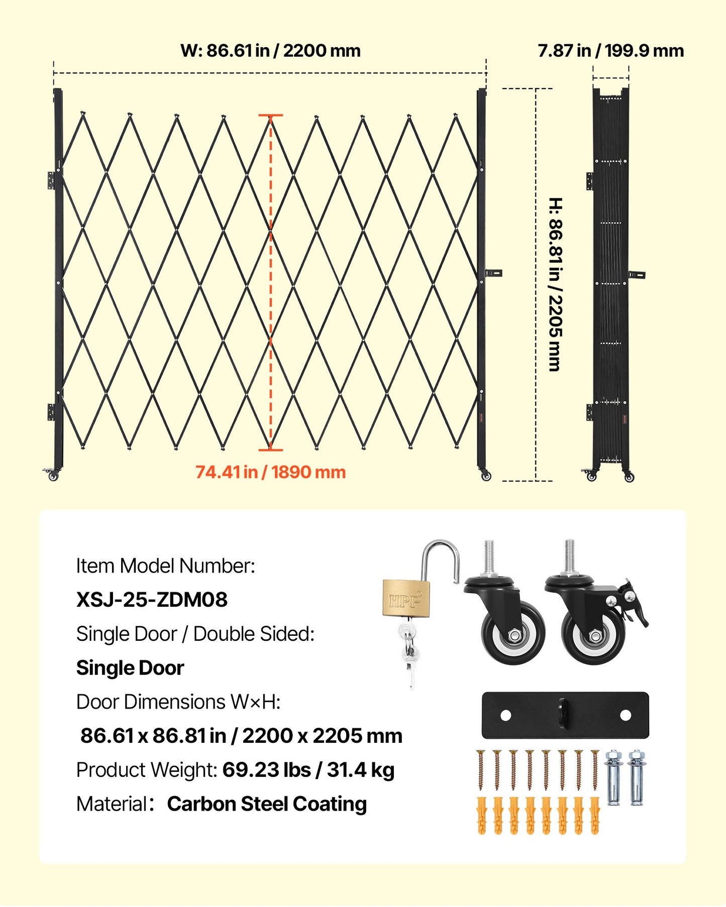 Single Folding Security Gate, Lockable Scissor Gate with 360° Swivel Casters, Outdoor Barricade Steel Retractable Gates, for Entry Security, Garage, Warehouse & Pool, 2200 x 2205 mm (W x H)