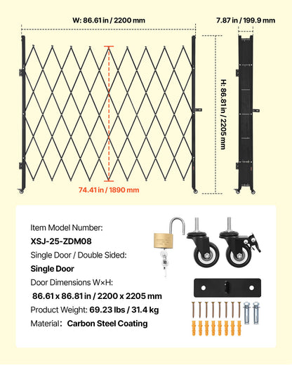 Single Folding Security Gate, Lockable Scissor Gate with 360° Swivel Casters, Outdoor Barricade Steel Retractable Gates, for Entry Security, Garage, Warehouse & Pool, 2200 x 2205 mm (W x H)