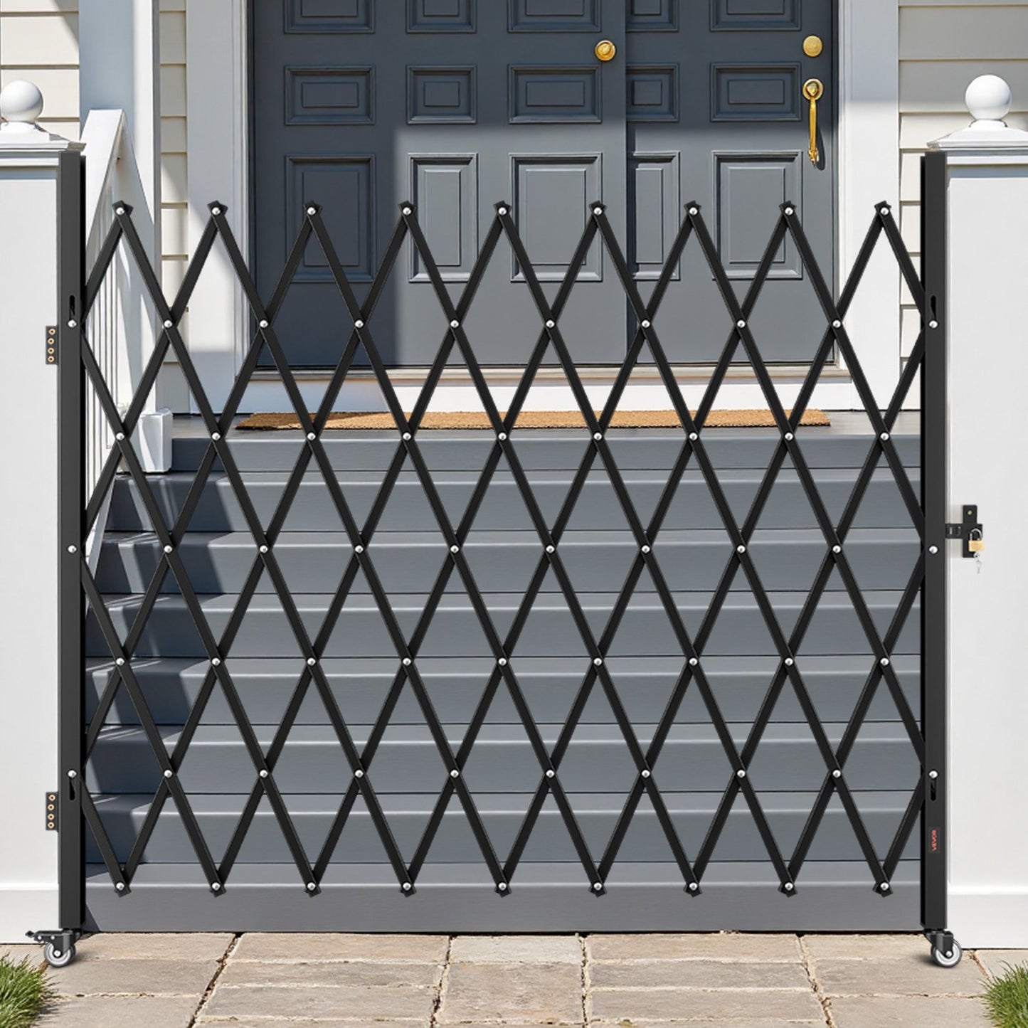 Single Folding Security Gate, Lockable Scissor Gate with 360° Swivel Casters, Outdoor Barricade Steel Retractable Gates, for Entry Security, Garage, Warehouse & Pool, 2200 x 2205 mm (W x H)