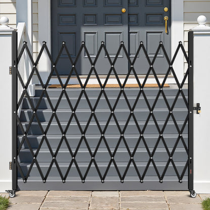 Single Folding Security Gate, Lockable Scissor Gate with 360° Swivel Casters, Outdoor Barricade Steel Retractable Gates, for Entry Security, Garage, Warehouse & Pool, 2200 x 2205 mm (W x H)