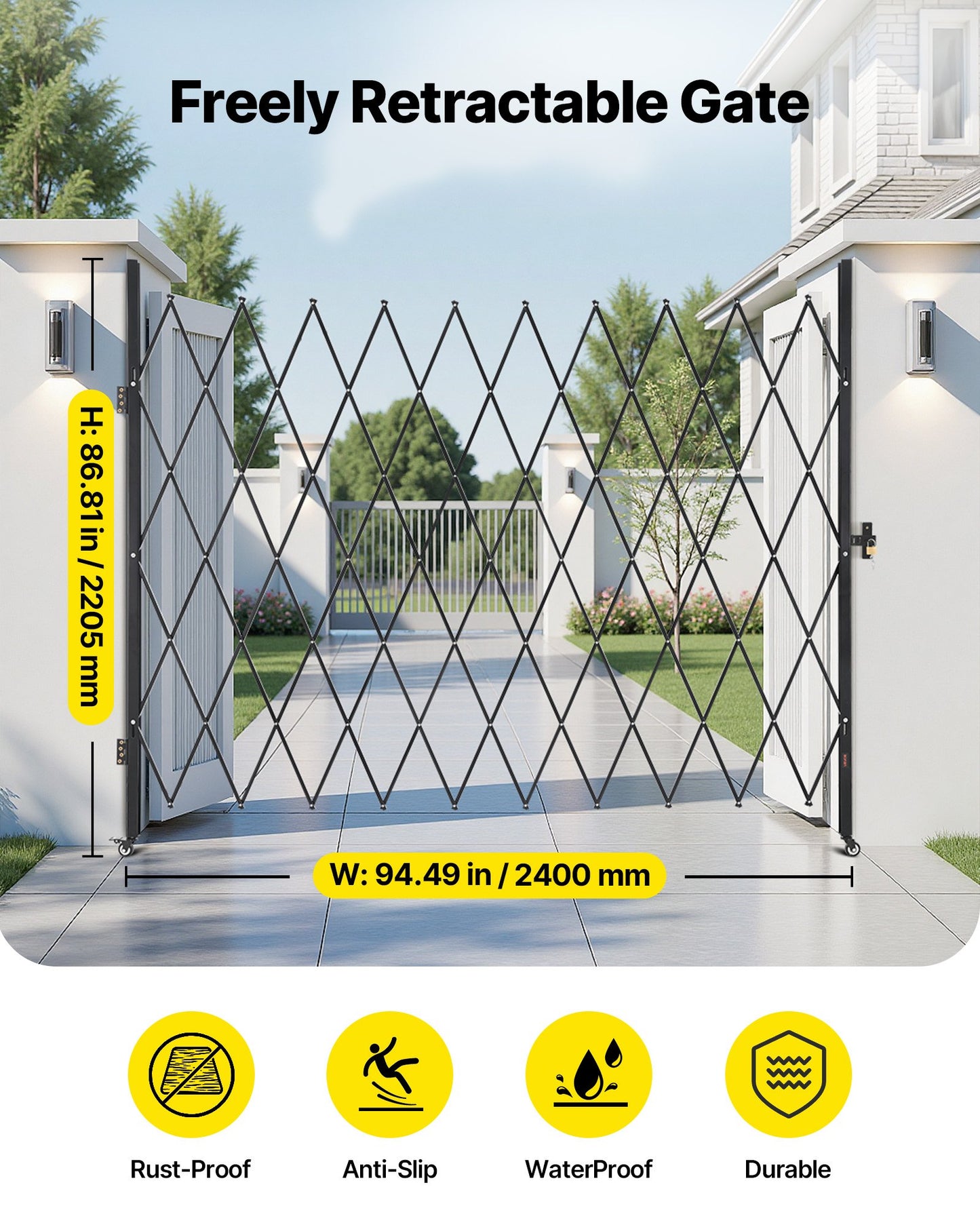 Single Folding Security Gate, Lockable Scissor Gate with 360° Swivel Casters, Outdoor Barricade Steel Retractable Gates, for Entry Security, Garage, Warehouse & Pool, 2400 x 2205 mm (W x H)