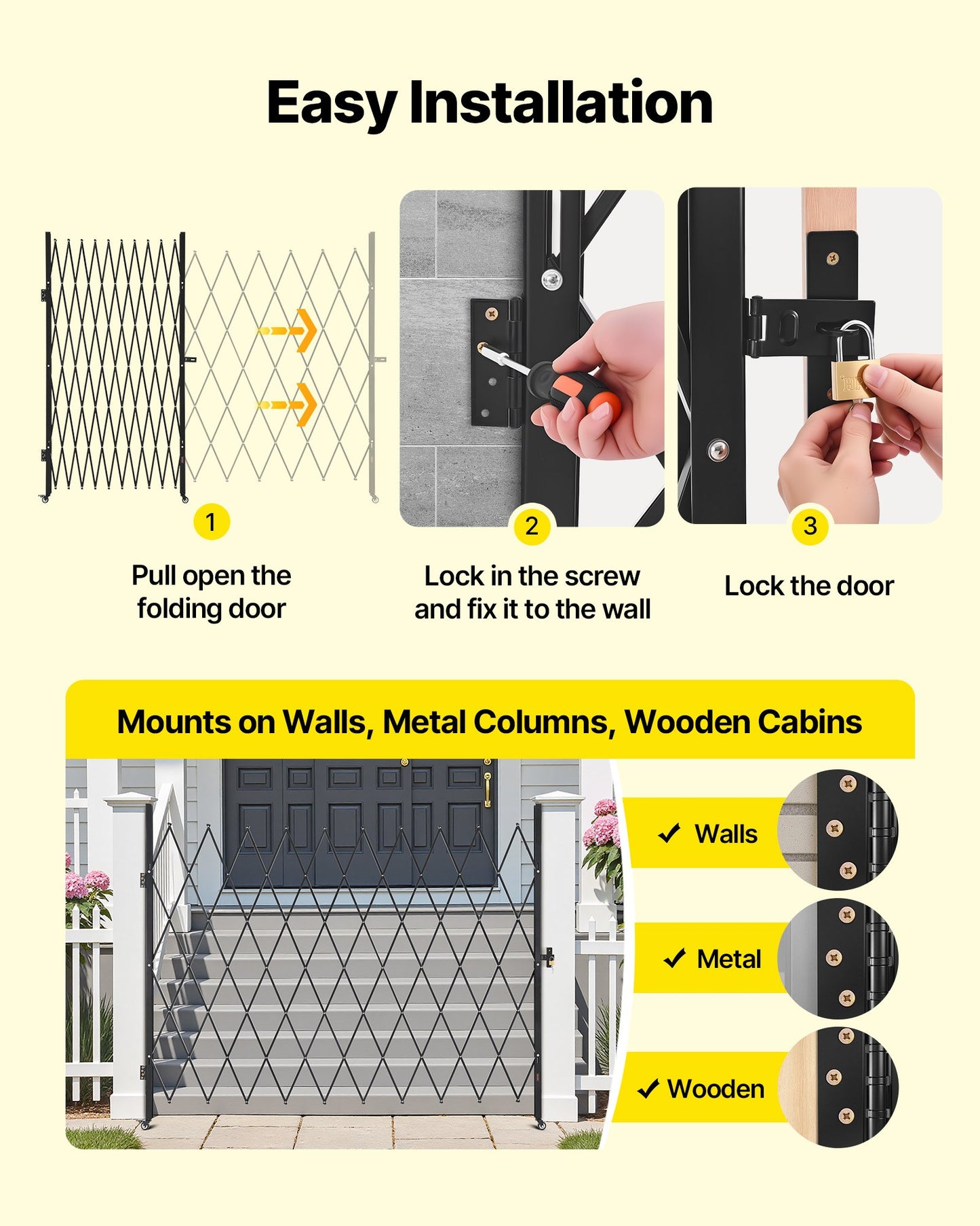Single Folding Security Gate, Lockable Scissor Gate with 360° Swivel Casters, Outdoor Barricade Steel Retractable Gates, for Entry Security, Garage, Warehouse & Pool, 2400 x 2205 mm (W x H)